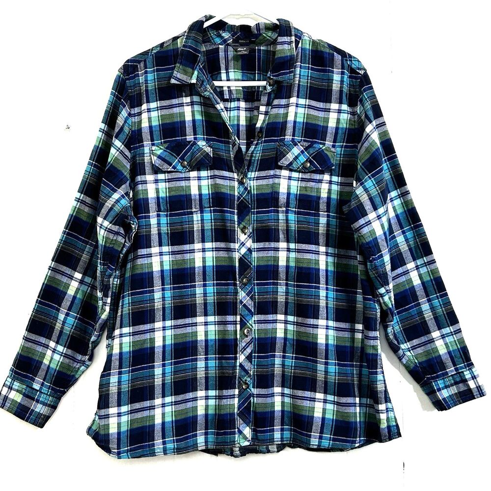 Eddie Bauer Women's Flannel Shirt Button Down Size 2XL Blue Plaid Cotton Pockets